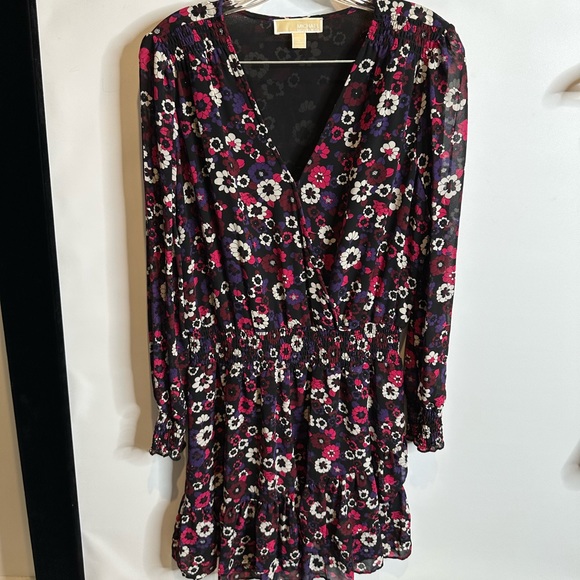 Michael Kors Azalea Psych Garden Wrap dress L georgette elastic Waist 10 flower - Picture 6 of 13